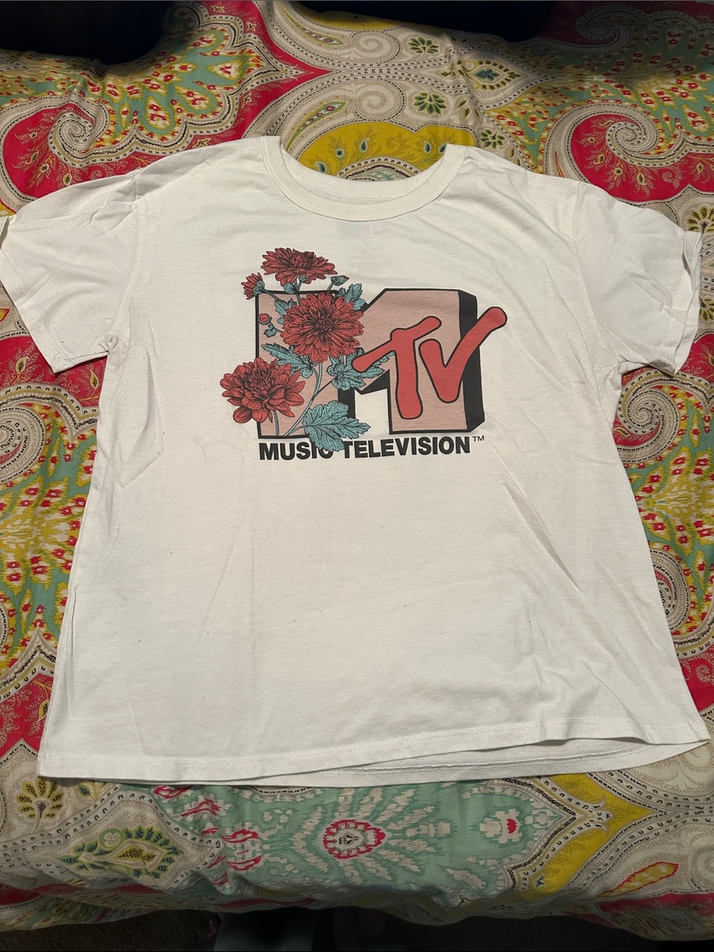 MTV White Tee with Red Floral Logo